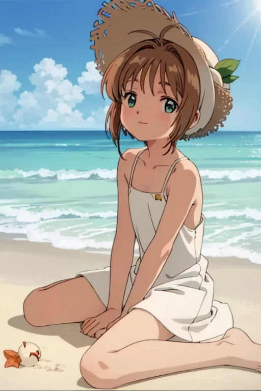 High resolution backgrounds,Beautiful background,anime, cute,Beach Sunset,The big sun setting on the horizon, ,White camisole dress,Chestnut Hair,Short Bob Hair,barefoot,Green Eyes,White straw hat,Lens flare,Sitting flat on the sand,smile