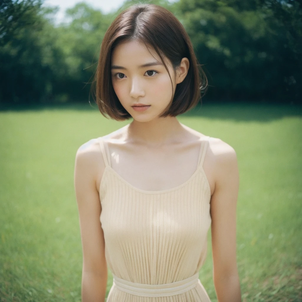 A hyper-realistic close-up image of a single Japanese woman in her early 20s, captured with the nostalgic warmth and subtle graininess of a film camera, focusing on her face and shoulders. Her skin has a warm beige tone with a natural, slightly rough texture that includes visible pores, fine lines, and subtle imperfections such as small blemishes, adding to the authenticity of her appearance. The soft, diffused natural light typical of a sunny summer day casts gentle, warm shadows on her face, enhancing the film-like quality while maintaining the realistic texture of her skin. Her straight, glossy black hair is slightly tousled by a gentle summer breeze, framing her face naturally. She is wearing a light, summery outfit, perhaps with straps visible at the shoulders, that complements her natural beauty and suits the warm weather. The film camera effect introduces a slight grain and a softer focus, giving the image a warm, nostalgic atmosphere while preserving the realism of her skin and features. The overall composition captures the serene and effortless elegance of a summer day, with the focus on the realistic texture of her skin and the timeless quality of the film camera aesthetic.