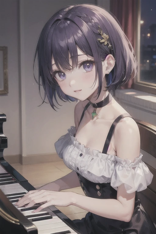 (Highest quality)、(Highest quality)、cut、cute、(choker).eyes are emerald、Her hair is purple、Short Bob、(Playing the piano).