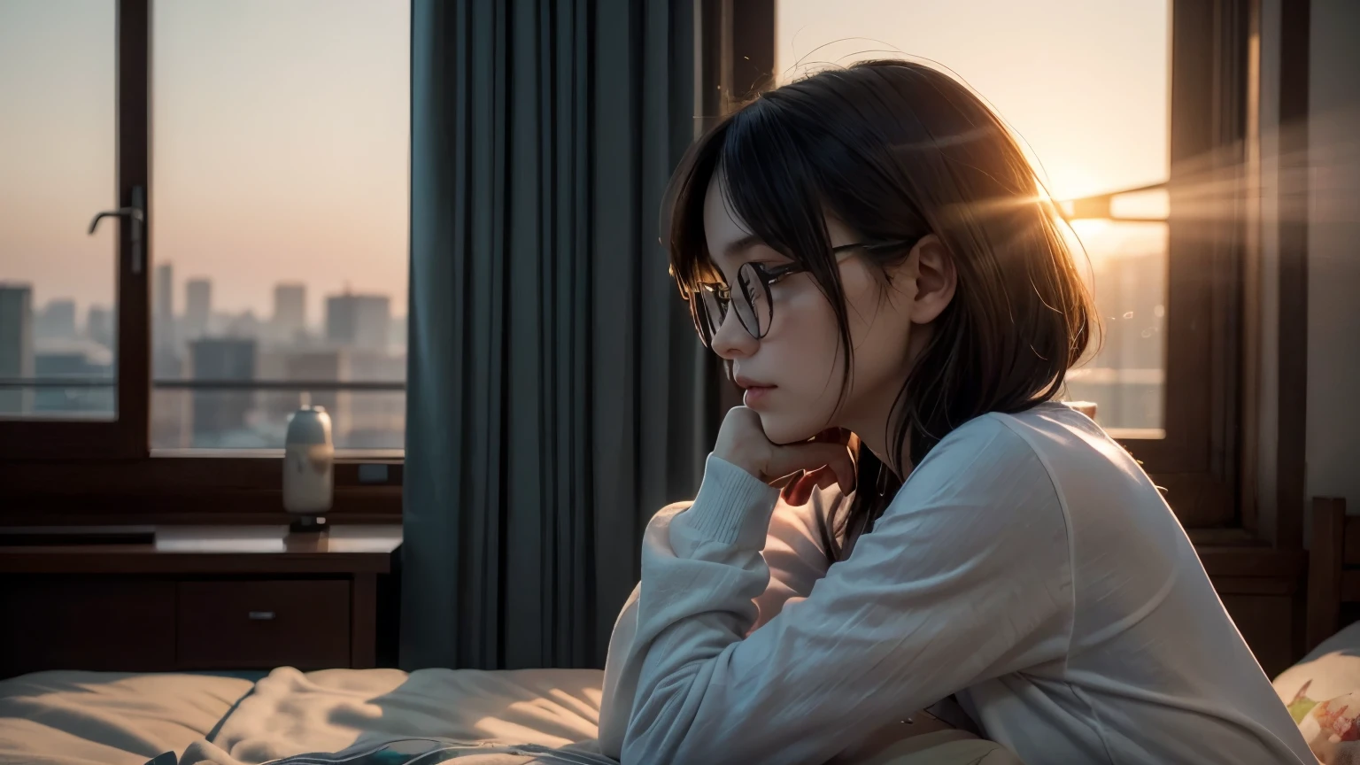 "Photorealistic, (close up:1.3, exposed face), wide angle, (side view), a Japanese young woman looking outside through the window at the sunset, wearing wet (long sleeve floral t-shirt:1.2, oversized t-shirt, hotpants), a hyperrealistic beautiful young woman with grayish blue eyes in glasses, natural sagging round breasts, high detailed official artwork, slim fit body and busty posture, long legs, attractive young woman, (attractive sitting poses:1.3, contemplative posture), sitting on a bed in a cozy bedroom with soft, messy blankets around her, warm sunset light streaming in from the window, dubnitskiy david fanart, realistic portrait, smooth photorealistic, perfect visual of a cute woman, cute woman with soft skin and delicate facial features, face focus, peaceful expression, looking outside the window at the sunset, makoto shinkai and artgerm style, photon mapping, warm color tones, vivid colors, cozy ambient, serene atmosphere, 8k and 4k resolution."
