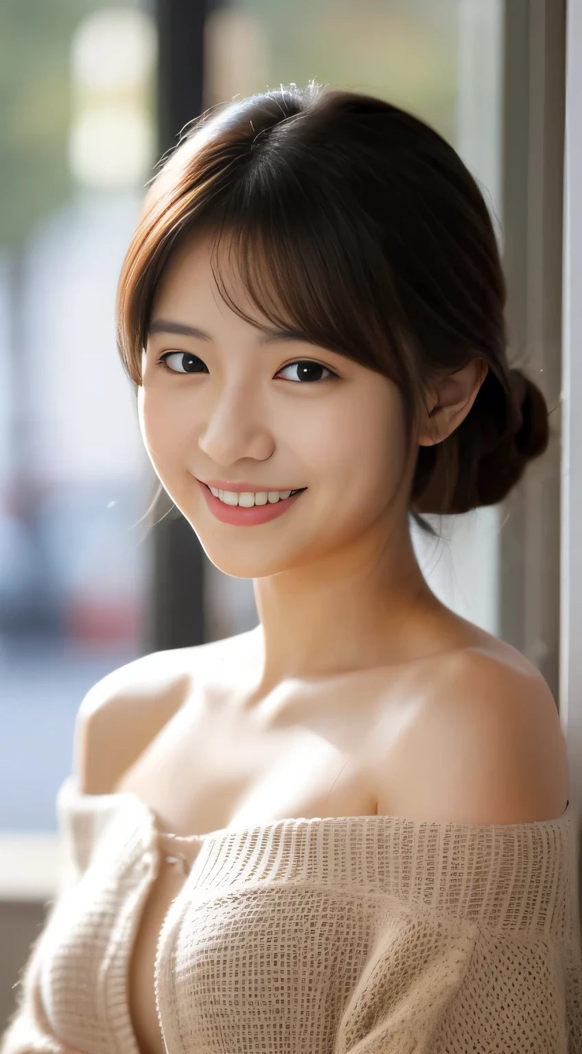 masterpiece,best quality,(Japanese girl),((Beautiful girl)),cleavage,(off shoulder:1.2),(perfect body beauty:1.2),(shy smile),From slightly above