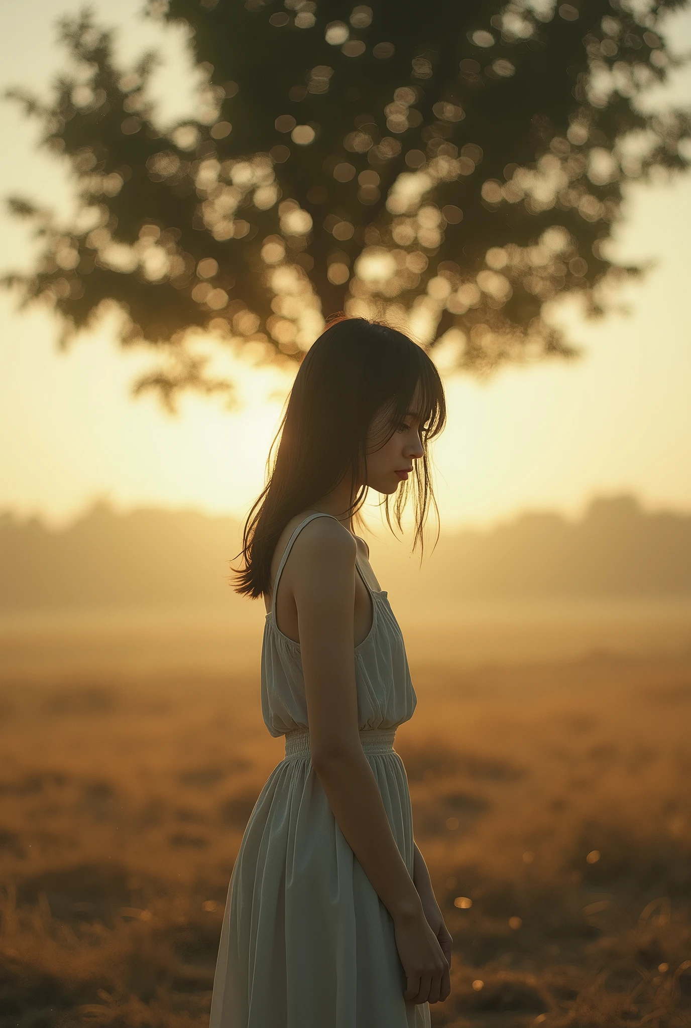 high contrast, bokeh, grain effect, vignette effect, A realistic photograph of a melancholic Japanese girl , 17yo, a solitary tree in August, barren landscape,