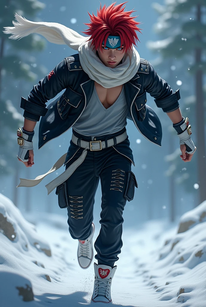 just 1 realistic young man, super handsome man with seductive eyes, looking like the angel lucifer, wonderful eyes, red hair with a hairstyle similar to that of the character Sasuke, but wearing a white bandana on his head, with the symbol of a blue wing, very blue eyes, like the sky extremely clear, Asian, wears a beautiful short black jacket with cyan blue details, gray blouse, with a huge scarf tied around his neck, that crawls to the ground, black pants, military style with pockets and white high-top All Star sneakers, with red details, além de luvas brancas with red details sem dedos de material como couro, and a punk belt under the shirt. Make him look at the starry sky and the snow, running fast, with the scarf in the wind, with the photo in landscape format