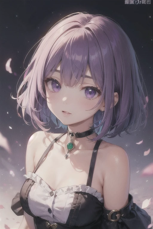(Highest quality)、(Highest quality)、cute、(choker).eyes are emerald、Her hair is purple、Short Bob、(smile).