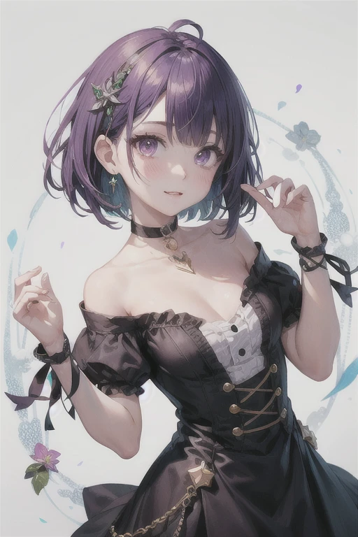 (Highest quality)、(Highest quality)、cute、(choker).eyes are emerald、Her hair is purple、Short Bob、date、