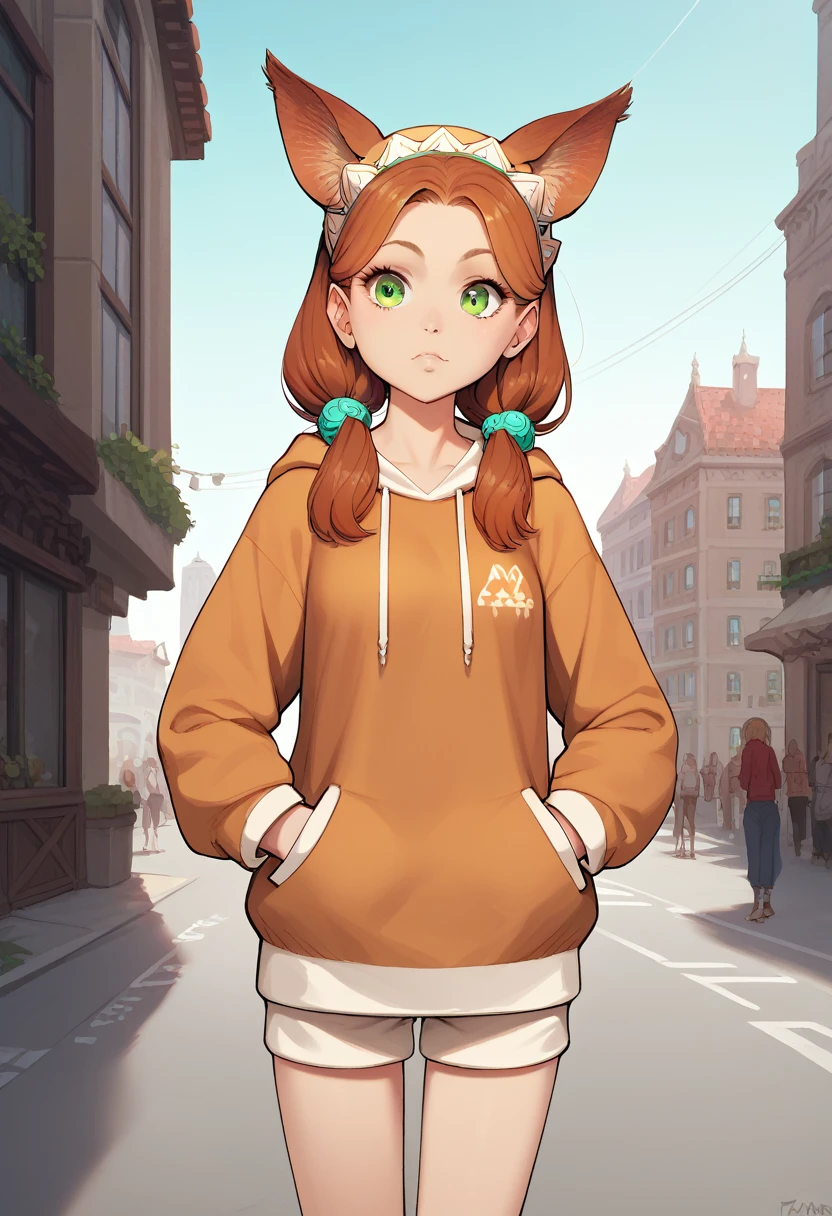 score_9, score_8_up, score_7_up, score_6_up, score_5_up, score_4_up, source_anime, aaeli, long hair, brown hair, low twintails, animal ears, headdress, hair ornament, green eyes, small breasts, hoodie, oversized clothes, hands in pockets, street, city, bare legs, standing, cowboy shot,