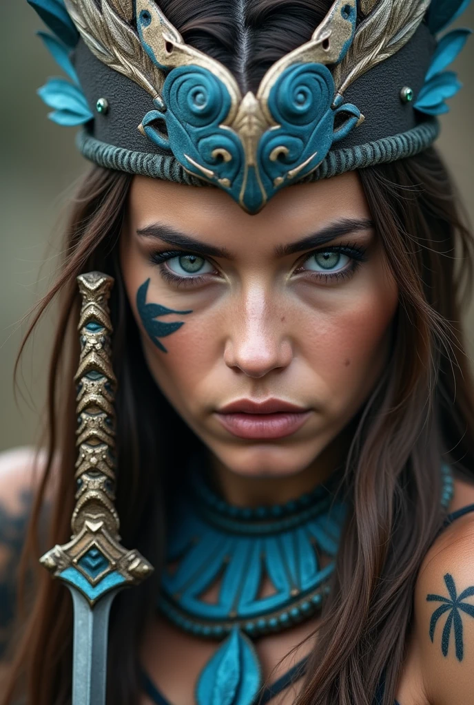 Close up of nordic warrior with small sword in hand, brunette woman, sword next to the face, large head ornament , blue neck necklace, tattoo in face, feathers