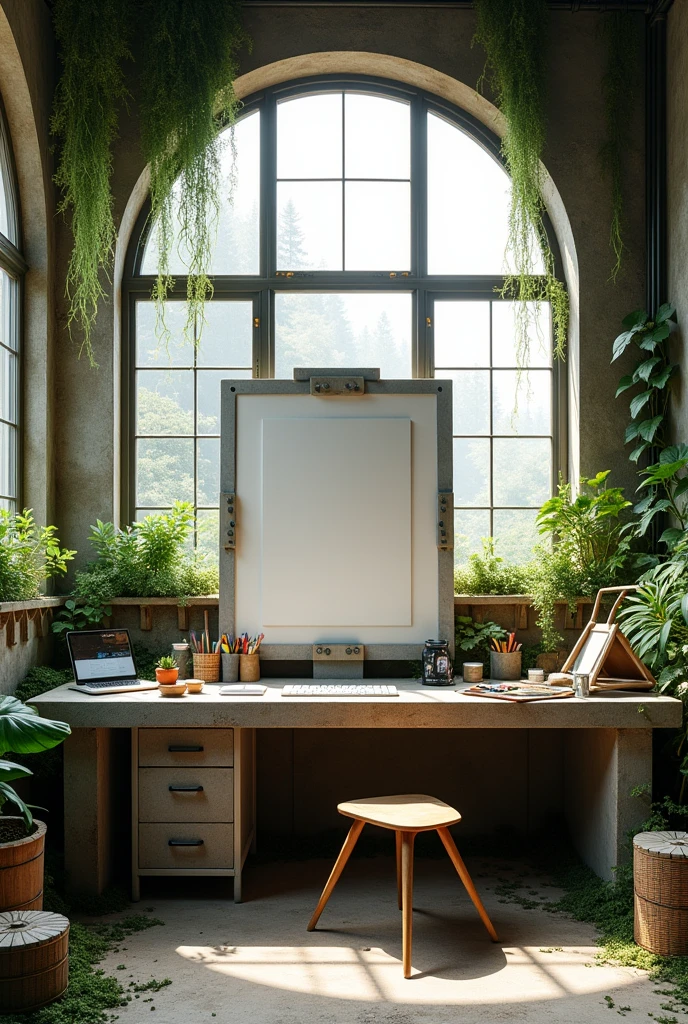make a brutalist computer desk with lots of art materials

add an empty canvas 

full of lush, hanging vines and moss

make a lot of different shape

big industrial window

make some windows circle 

bed is hanging on vines

add fern

add a computer desk

a cat, cat bed, and cat house