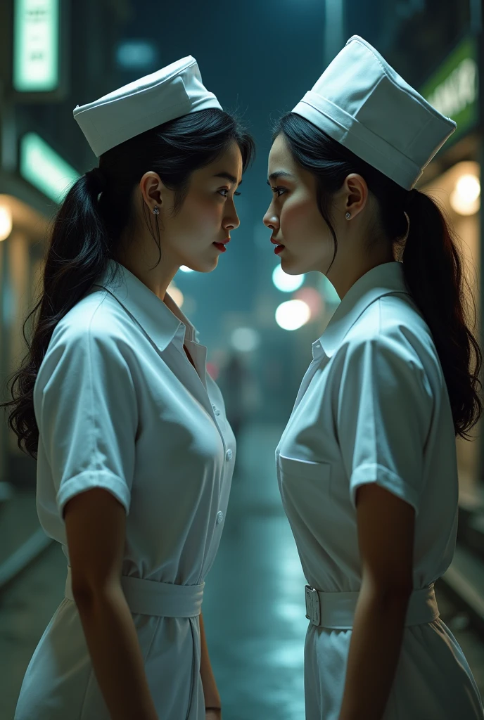 A woman dressed as a waitress fighting another woman dressed as a nurse, ultra realistic and full of details, 8k