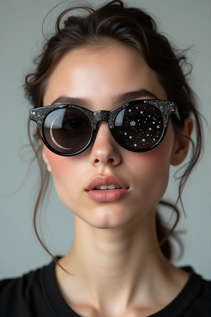 The model is wearing glass sunglasses with stars and the moon on the glass