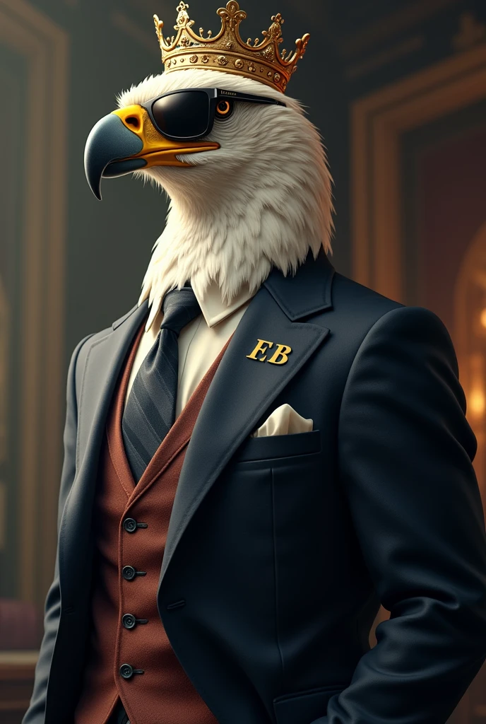 Create an eagle with sunglasses, dressed in a suit, with an imposing posture and a king's crown on his head with the acronym FB