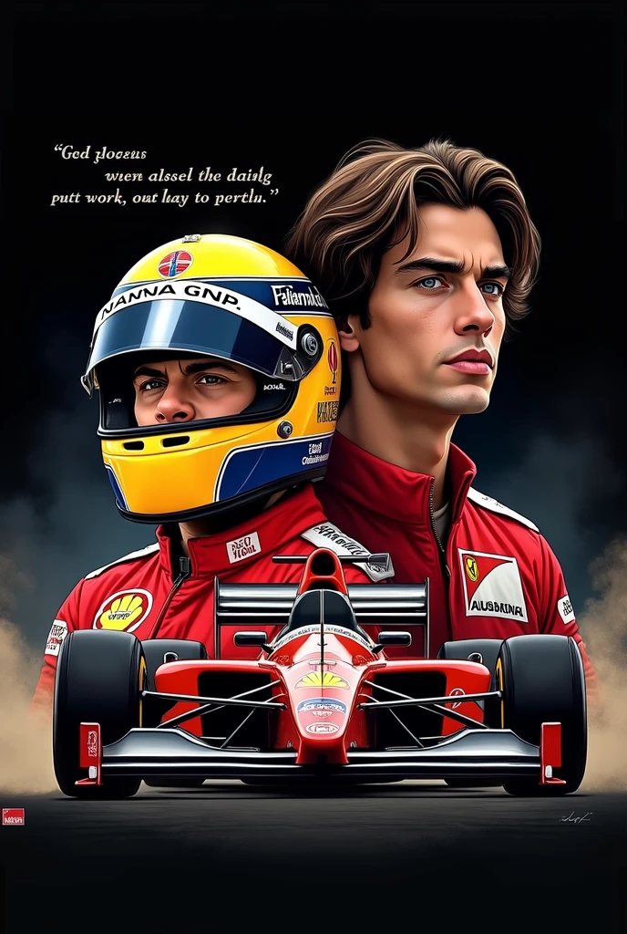 Create a high resolution image in format 3:2 with the Ayrton Senna theme. The background must be black, and the image style must be in the form of drawings or illustrations. En el centro de la imagen, portray Ayrton Senna with an artistic style that highlights his iconic helmet and determined expression. Next to Senna's portrait, include the following sentence in a stylized and clearly visible font: 'Always do everything with a lot of love and with a lot of faith in God., that one day you will get there, somehow you get there.' Make sure the phrase is positioned to complement the portrait, creating visual balance in the composition."