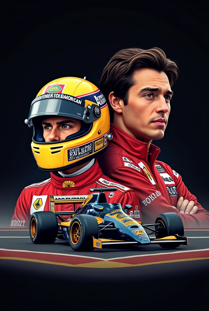 Create a high resolution image in format 3:2 with the Ayrton Senna theme. The background must be black, and the image style must be in the form of drawings or illustrations. En el centro de la imagen, portray Ayrton Senna with an artistic style that highlights his iconic helmet and determined expression. Next to Senna's portrait, include the following sentence in a stylized and clearly visible font: 'Always do everything with a lot of love and with a lot of faith in God., that one day you will get there, somehow you get there.' Make sure the phrase is positioned to complement the portrait, creating visual balance in the composition."