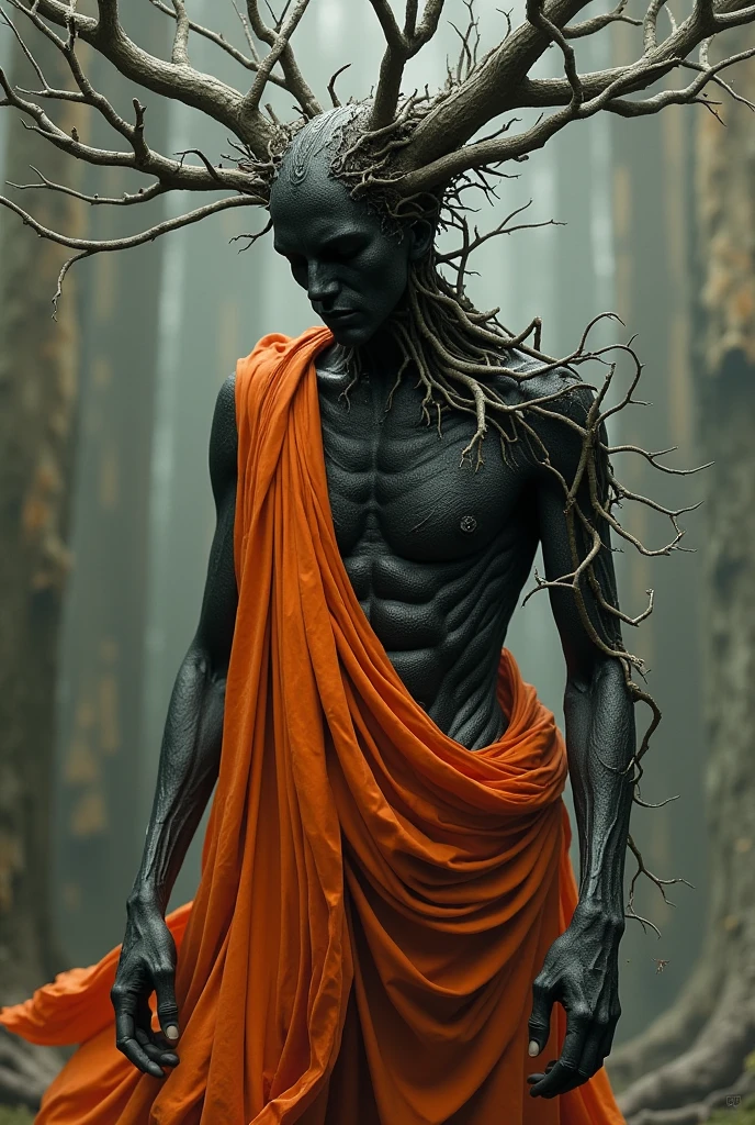 create a rooted human as if a tree was growing inside him and with a half-burnt body with orange clothes