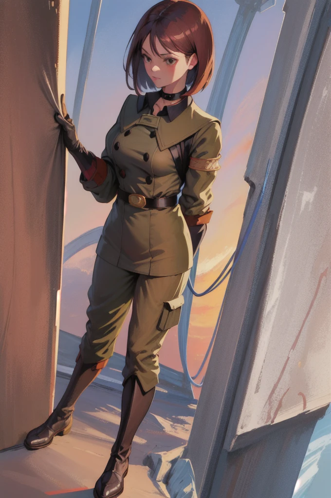 (work of art, best qualityer, high resolution, unity wallpaper 8k, extremely detailed CG:1), (illustration:1.0), 1 girl,standing alone,  whips, mitts, 's uniform, Military, Military 's uniform,waist belt, choker, pants, 