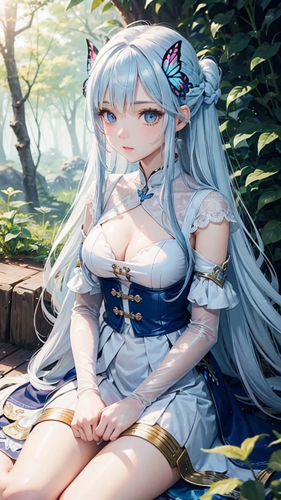 an anime character with long white hair and a sword,in a forest,a sense of adventure,friends,asia, weapon, butterfly, sword, long hair, bug, hair ornament, blue eyes, sitting, butterfly hair ornament, flower, white hair, dress, aerial shot, bright color grading, light leaks, epic fantasy(Hair style:1.5)(detailed landscape:0.6)(feminim:1.2)(hand detailed:0.2)(background masterpiece:0.1)