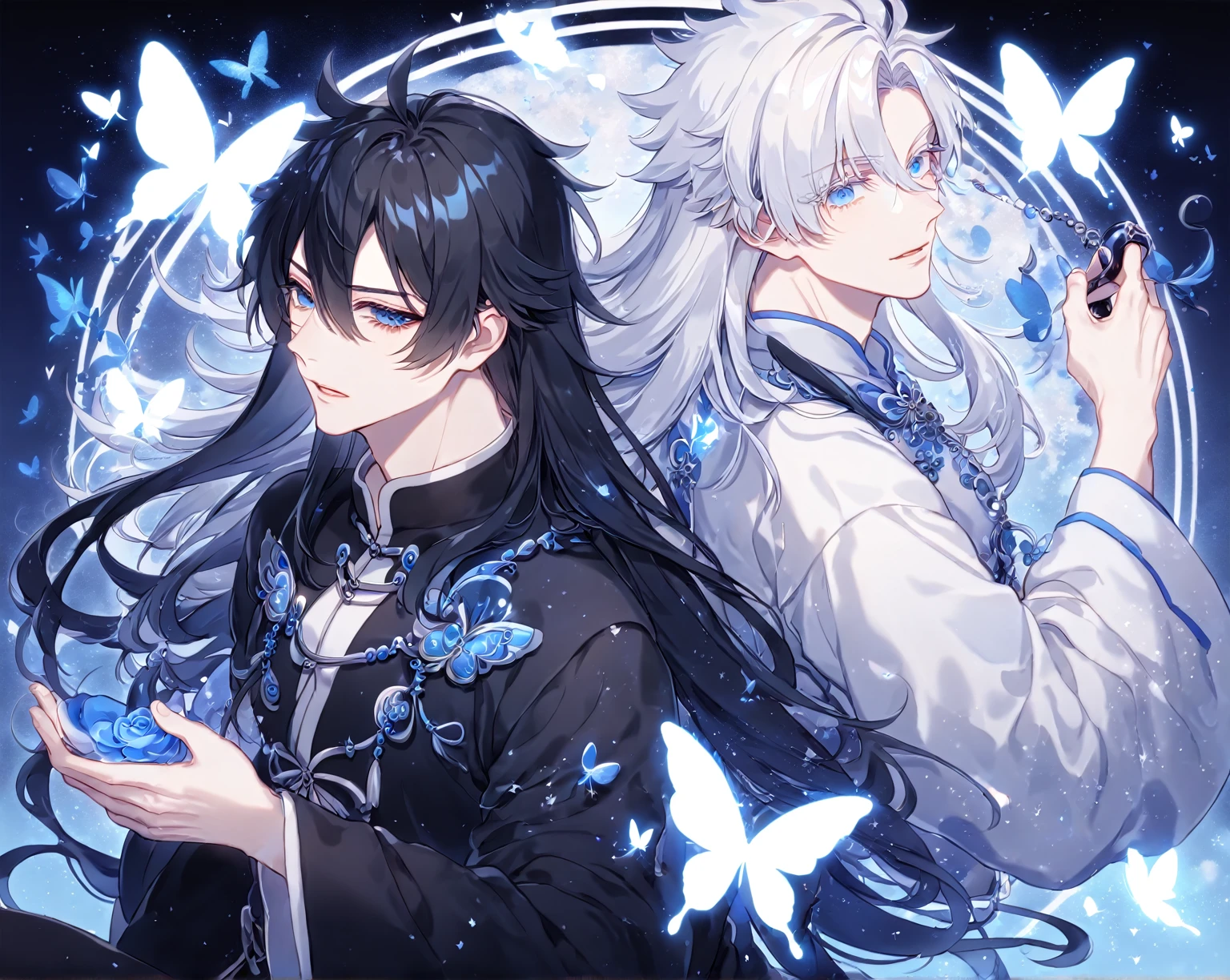 Ultra detailed, Highres, absurdres, HDR, master piece, Gojou Satoru, white hair with bangs, long hair, expressive blue eyes, white eyelashes, white Chinese clothes, Fushiguro Megumi with long hair, black hair, expressive blue eyes,  Jujutsu Kaiser, two sexy men together, gay couple, yaoi, handsome, glittering, blue butterflies, blue starry sky, magical, fantasy, manly men, black Chinese clothes, accessories