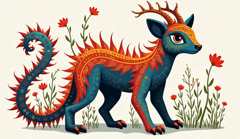 "Create an illustration of an imaginary animal alebrije formed from the mixture of several animals that can belong to any animal kingdom. They combine in a single being, physiognomic elements of various animals, both real and imaginary,