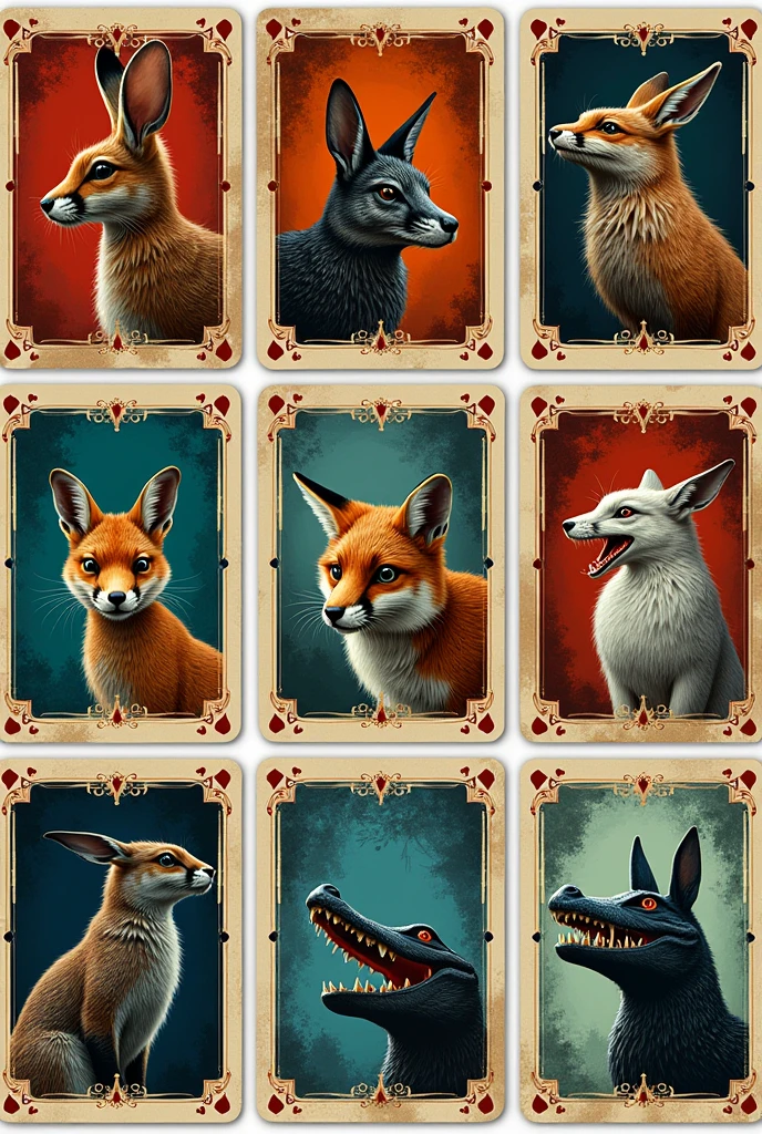 I want you to make a deck of cards inspired by Coup, but with animals like hares, Alligators, foxes etc, animals that pass innocent and treacherous