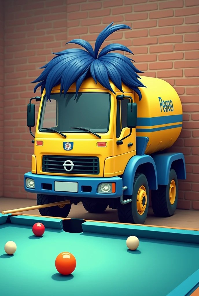 A cartoon water truck wearing the colors of the Boca Junior football club, wearing a wig with bangs, playing pool, in the background a brick wall