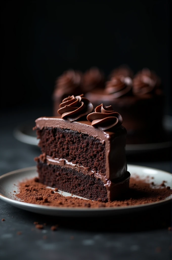 cinematic film still chocolate, chocolate cake, dark background, quality photo, moist texture, frosting, studio photo, slice . shallow depth of field, vignette, highly detailed, high budget, bokeh, cinemascope, moody, epic, gorgeous, film grain, grainy