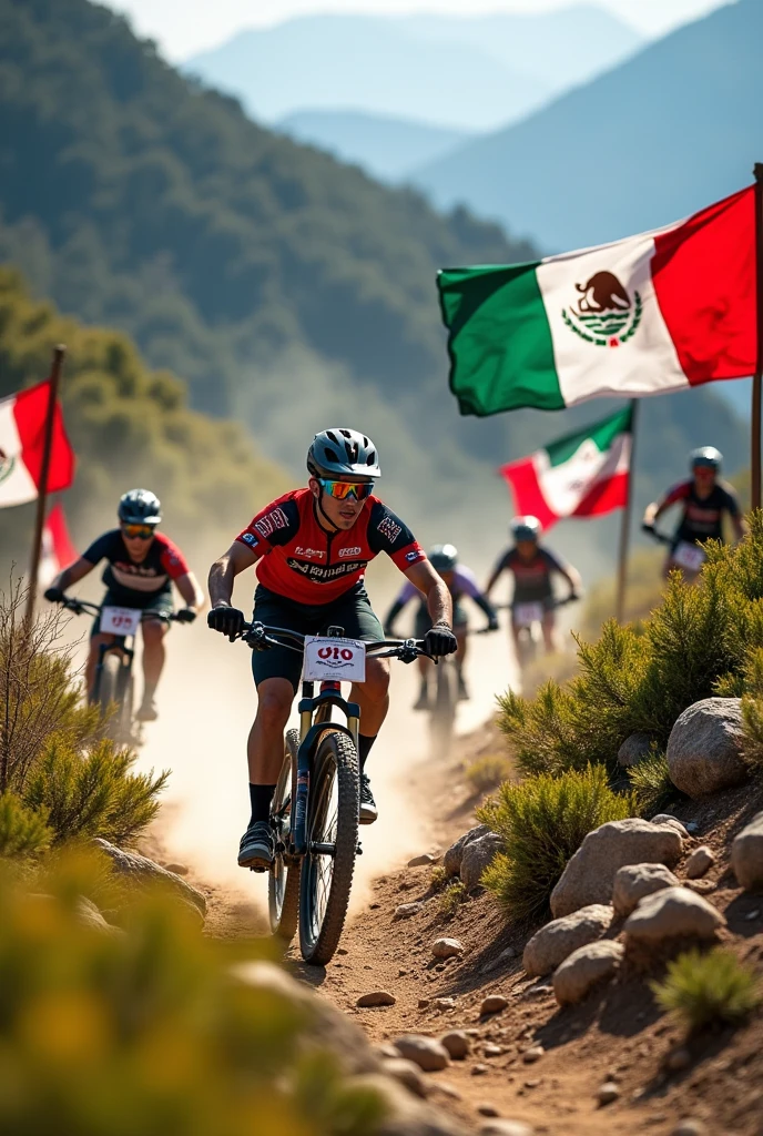 Mountain biking with international flags in Mexico