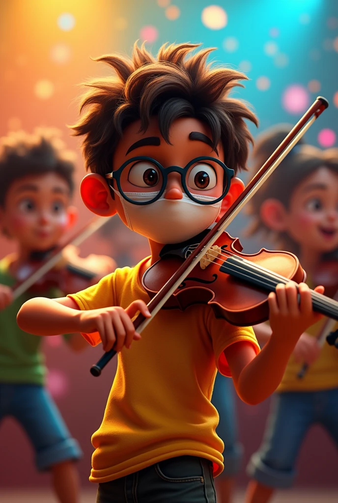 a Brazilian boy in an exuberant orchestra wearing glasses, with brown hair, wearing a covid mask, Scrawny, playing the violin