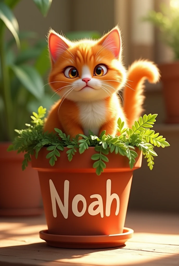Create an image of a flower pot painted with the name Noah and an orange cat