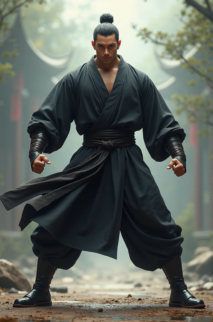 6 foot tall muscular man in a fighting stance, wearing a dark Shaolin uniform and a dark knee high boots and a wrist band