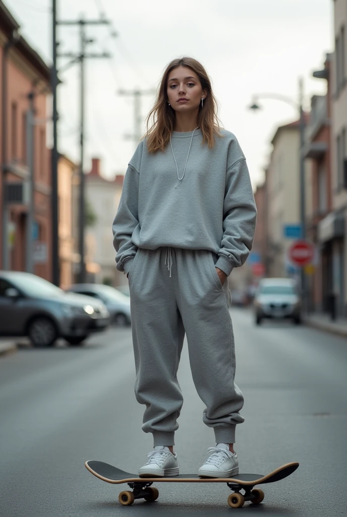 one young woman, skatist, wearing street style, wearing white ear pods, skating cruising in a relaxed posture standing still, she`s by street scenario, she`s wearing sweat pants, shot taken with 25mm lens, shot taken with kanon 28D