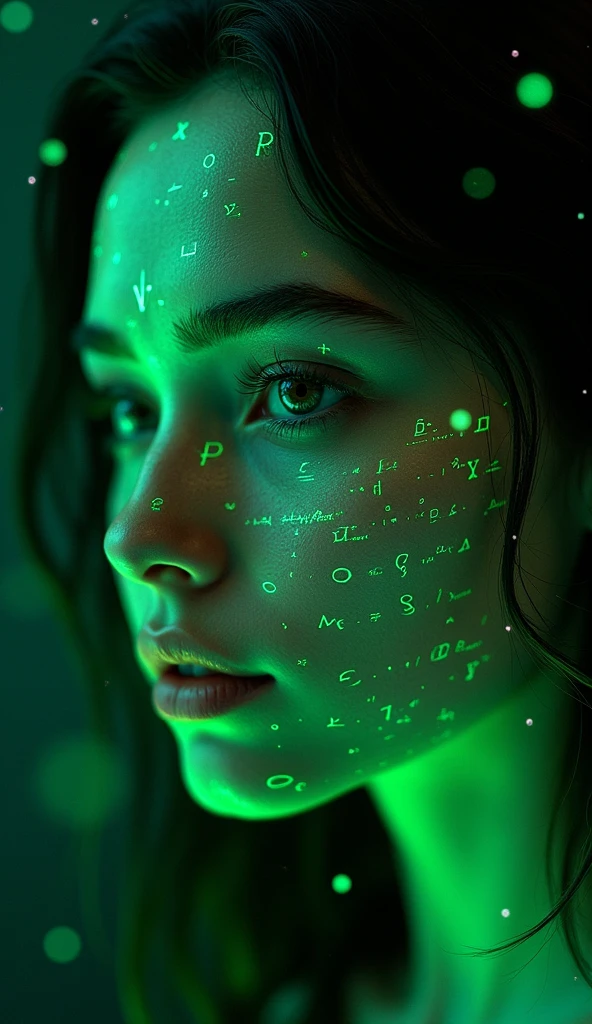 Close-up of woman's face, glowing green holographic equations projected onto skin. Intense gaze, realistic features. Dark background, cyberpunk aesthetic. Luminous mathematical formulas, handwritten style. Futuristic, high-tech atmosphere. Photorealistic rendering, dramatic lighting, sharp contrast