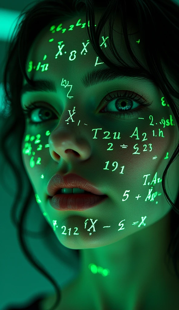 Close-up of woman's face, glowing green holographic equations projected onto skin. Intense gaze, realistic features. Dark background, cyberpunk aesthetic. Luminous mathematical formulas, handwritten style. Futuristic, high-tech atmosphere. Photorealistic rendering, dramatic lighting, sharp contrast