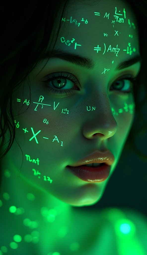 Close-up of woman's face, glowing green holographic equations projected onto skin. Intense gaze, realistic features. Dark background, cyberpunk aesthetic. Luminous mathematical formulas, handwritten style. Futuristic, high-tech atmosphere. Photorealistic rendering, dramatic lighting, sharp contrast