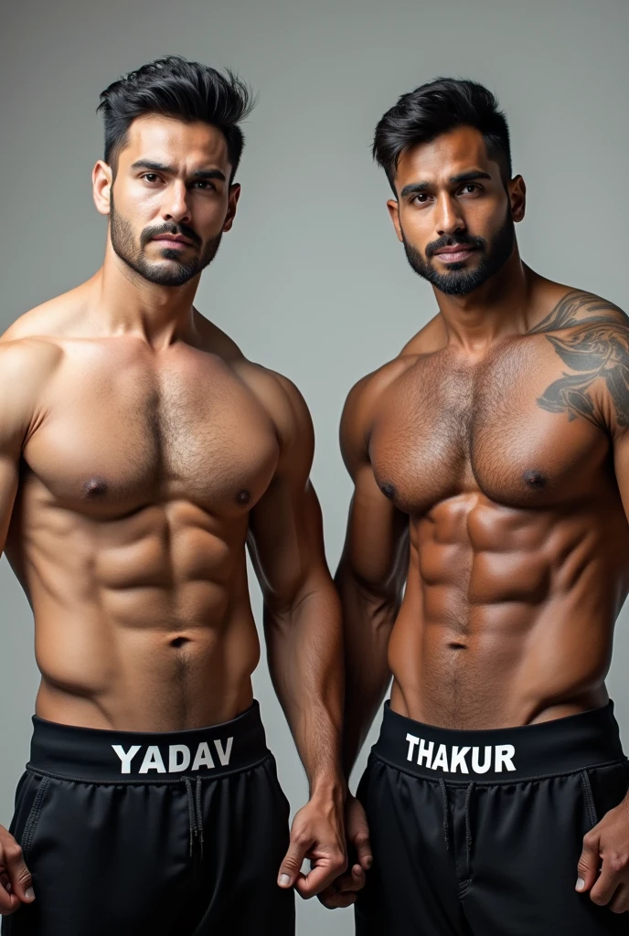 Two Bodybuilder guy with yadav and thakur printed tshirt




