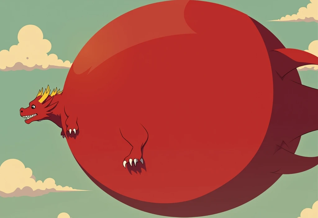He is a red dragon,He has two arms and two legs and is cool., It has golden horns, Wings with hands, The world's most super tall and extremely obese dragon, So that the boat touches the ground,, It has wings and its facial features are so thick that it is bigger than its face, fat and huge, and its belly is swollen like a balloon that looks like a mountain that could burst. It is swollen several times more than its size and is distracting.!!! His belly touches the ground and his body is long. He is 10 heads tall. He is alone. He is too fat. His belly is too big and his legs, arms, face, and everything else look small compared to his belly fat. Make him bigger and fatter. He is in the sky and flying in the sky.