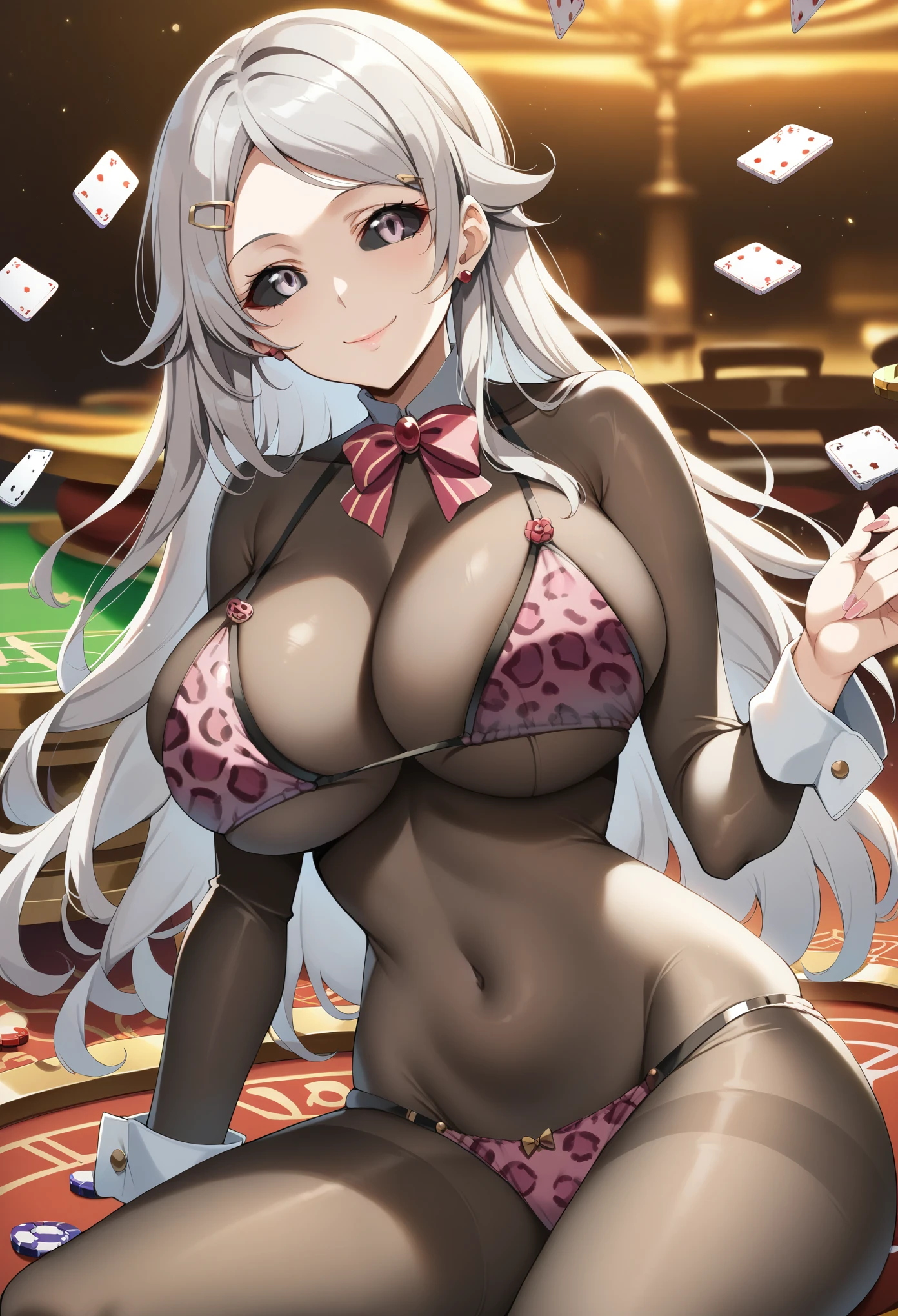 score_9, score_8_up, score_7_up, source_anime, masterpiece, best quality, extremely detailed, corrupted, 1girl, milf, solo, SAOLisbeth, (huge breasts), ((((gray hair), long hair, black sclera, gray eyes))), parted lips, (((hairclip, bodystocking, pink leopard print bikini, panties))), ((yandere, naughty smile), closed mouth), ((casino))