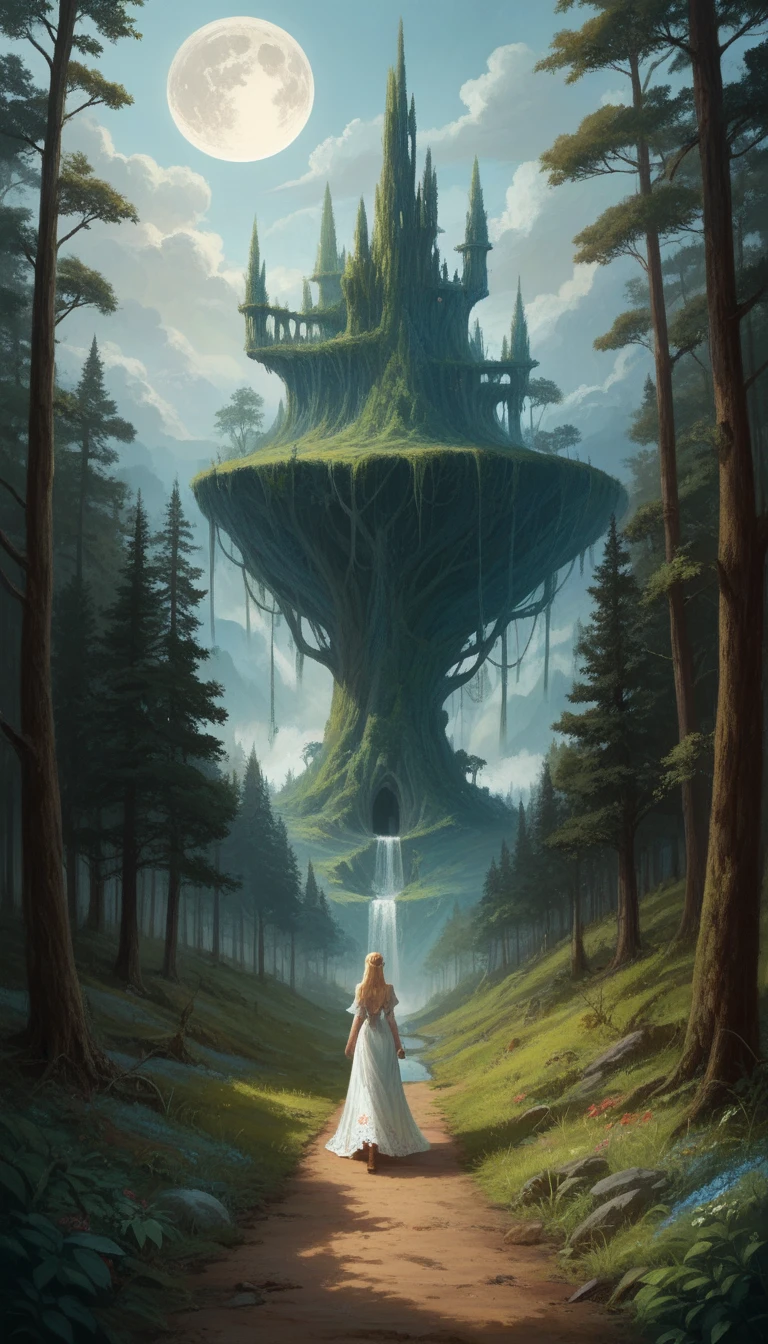 Surreal landscape, masterpiece, ultra detailed, 8k definition, Beautiful face, 1 elf in a revealing dress, with a large G cup, walking on a small stream, in front of a mythical forest, Full of trees with faces of agony infused with glitter., Flying creatures, and a huge moon in the sky