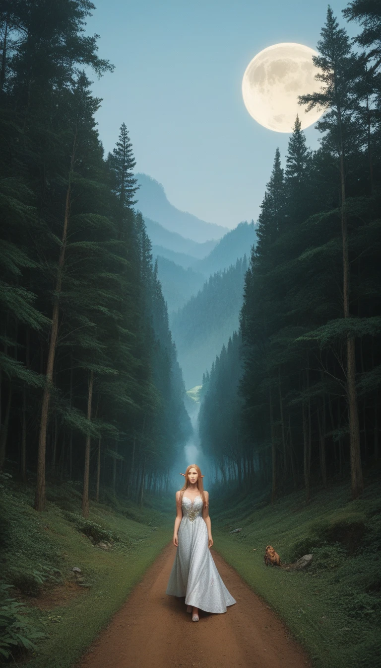 Surreal landscape, masterpiece, ultra detailed, 8k definition, Beautiful face, 1 elf in a revealing dress, with a large G cup, walking on a small stream, in front of a mythical forest, Full of trees with faces of agony infused with glitter., Flying creatures, and a huge moon in the sky