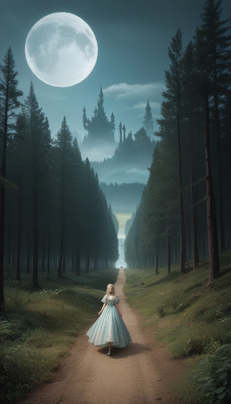 Surreal landscape, masterpiece, ultra detailed, 8k definition, Beautiful face, 1 elf in a revealing dress, with a large G cup, walking on a small stream, in front of a mythical forest, Full of trees with faces of agony infused with glitter., Flying creatures, and a huge moon in the sky