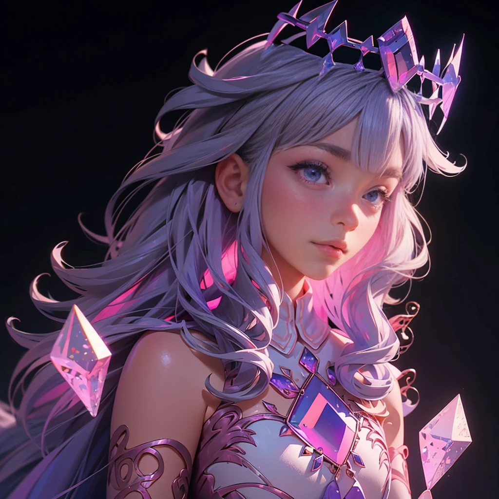 envision a 8k, highres, cinematic, close up beautiful portrait of a short adult girl named Koseki Bijou with long pinkish gray hair, a jeweled crown, purple eyes, wearing a white dress with magic attachments and bright colorful crystal armor plates against a dark background