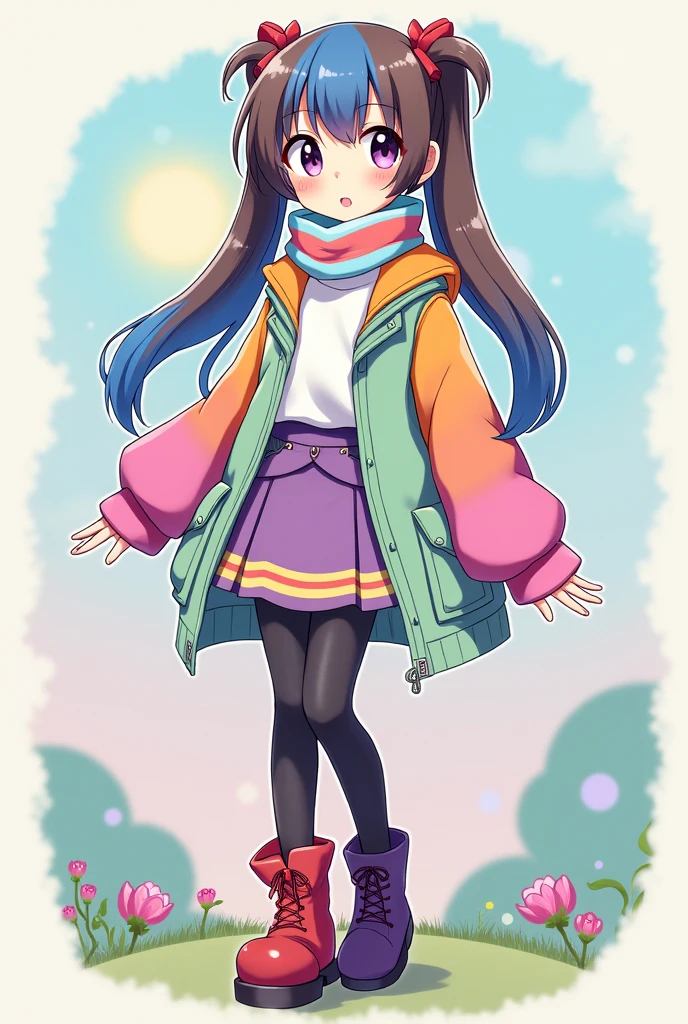 Create an anime style girl with a white t-shirt under a light green jacket with orange and pink sleeves, short purple and yellow skirt, with a blue and red scarf,with long black and white stockings, with a pastel red boot and a dark purple lady shoe, with hair in long pigtails half blue and half brown
