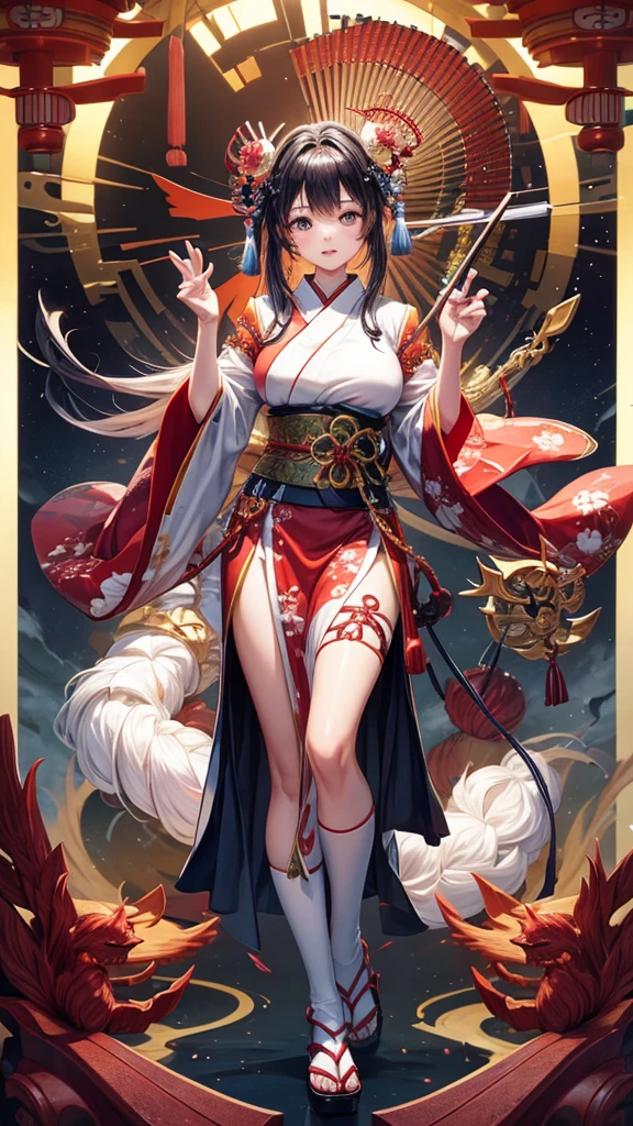 I would like a Japanese woman to create an image of a Japanese god on her back. I want you to pay attention to detail. I'm a professional graphic designer. High quality CG. Full body