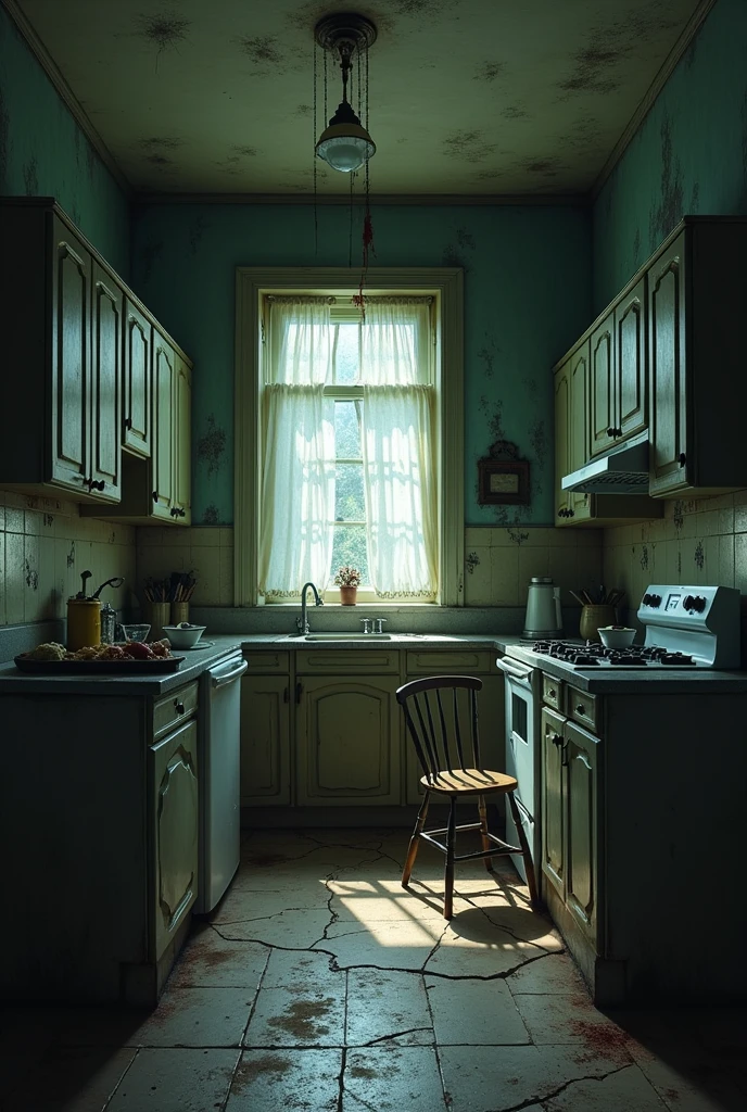 make an illustration of a haunted house kitchen, make it with an ultra-realistic tone, rich in details
