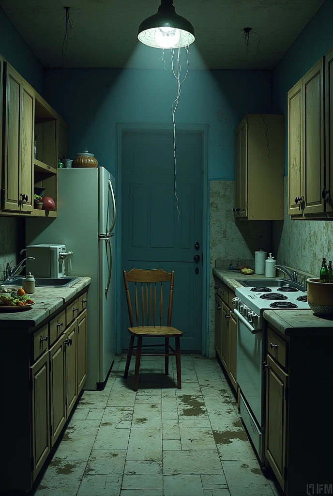 a man investigating a kitchen of a fast food restaurant, blood on the kitchen, horror effect