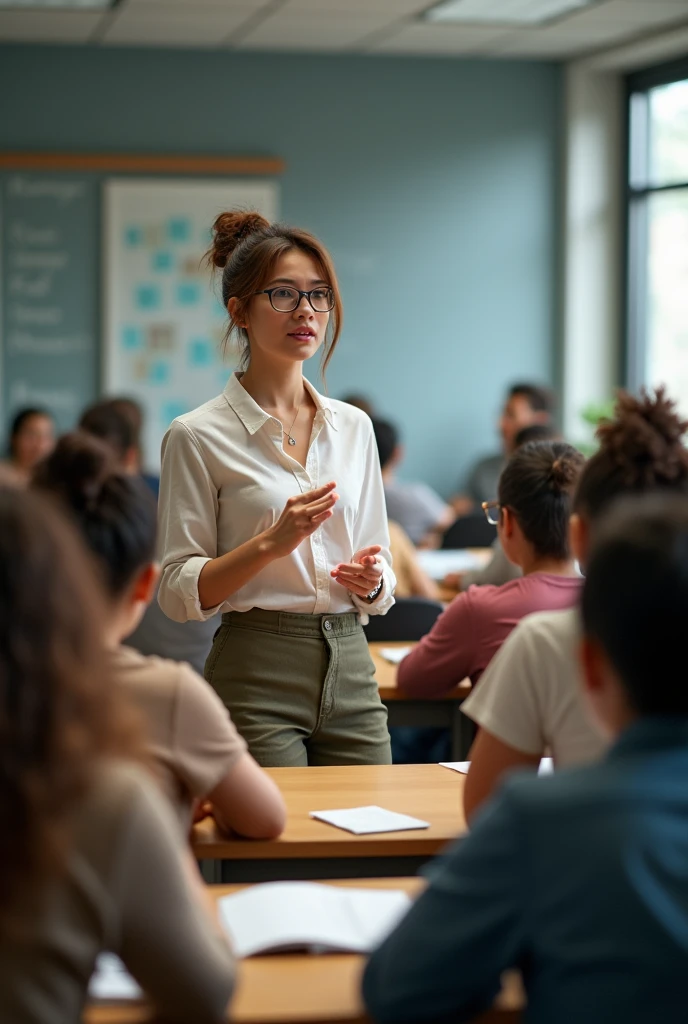 A middle-aged female professor is teaching a class in a modern university classroom. She is a brown haired woman, tied in a messy bun, with glasses and an engaging and attentive expression. She is standing in front of a whiteboard, with several written notes and diagrams, while students, of different ages and ethnicities, watch her with interest.

Details to Include:

enviroment:

Classroom with tables and chairs arranged in rows.
Whiteboard or projector displaying slides.
Books and academic materials on a table or bookshelf in the background.
Female teacher:

Wearing professional clothes, like a blouse and skirt or pants, with a formal but comfortable style.
Wearing glasses and perhaps holding a marker or pen.
pupils:

Diversity in the group: Different ages, ethnicities and clothing styles.
Some students may be taking notes, while others pay attention or raise their hands to ask questions.
interaction:

The teacher is engaged with the students, perhaps asking a question or explaining a concept.
Students are engaged in the class, showing interest and participation.