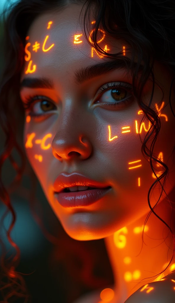 Latina woman face close-up,About 20 years old, Glowing orange holographic equations projected onto her skin. Strong gaze, Realistic features. Dark background, Cyberpunk aesthetics. Glowing math formulas, Handwriting style. Futuristic, High-tech atmosphere. Photorealistic rendering, Dramatic Lighting, In sharp contrast,Young and energetic, Charming model, (Exquisite eyes, Delicate lips), Show a bright smile, Create stunning girl images, Color Saturation Extreme Art, Extremely detailed CG, Unity 8K wallpaper, (High Dynamic Range :1.4), (Movie atmosphere),(Soft colors), (Natural skin texture, ultra-practical, Soft Light, sharp),(Very detailed),