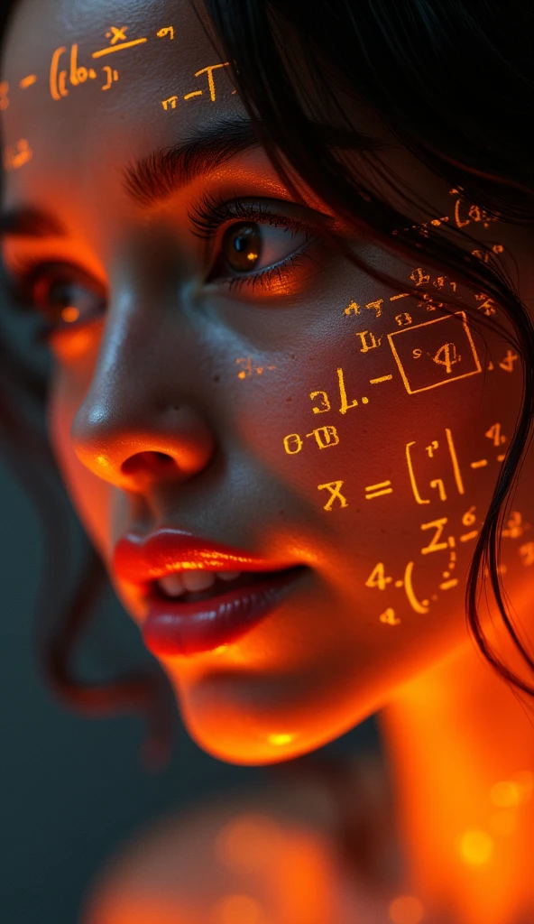 Latina woman face close-up,About 20 years old, Glowing orange holographic equations projected onto her skin. Strong gaze, Realistic features. Dark background, Cyberpunk aesthetics. Glowing math formulas, Handwriting style. Futuristic, High-tech atmosphere. Photorealistic rendering, Dramatic Lighting, In sharp contrast,Young and energetic, Charming model, (Exquisite eyes, Delicate lips), Show a bright smile, Create stunning girl images, Color Saturation Extreme Art, Extremely detailed CG, Unity 8K wallpaper, (High Dynamic Range :1.4), (Movie atmosphere),(Soft colors), (Natural skin texture, ultra-practical, Soft Light, sharp),(Very detailed),