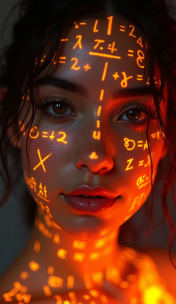 Latina woman face close-up，About 20 years old, Glowing orange holographic equations projected onto her skin. Strong gaze, Realistic features. Dark background, Cyberpunk aesthetics. Glowing math formulas, Handwriting style. Futuristic, High-tech atmosphere. Photorealistic rendering, Dramatic Lighting, In sharp contrast，Young and energetic, Charming model, (Exquisite eyes, Delicate lips), Show a bright smile, Create stunning girl images, Color Saturation Extreme Art, Extremely detailed CG, Unity 8K wallpaper, (High Dynamic Range :1.4), (Movie atmosphere),(Soft colors), (Natural skin texture, ultra-practical, Soft Light, sharp),(Very detailed),
