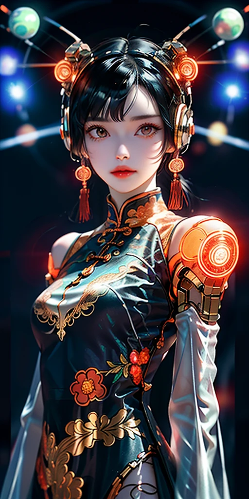 1 girl, Chinese_clothes, liquid silver and orange, cyberhan, cheongsam, cyberpunk city, dynamic pose, detailed luminous headphones, glowing hair accessories, long hair, glowing earrings, glowing necklace, cyberpunk, high-tech city, full of mechanical and futuristic elements, futuristic, technology, glowing neon, orange, orange light, transparent tulle, transparent streamers, laser, digital background urban sky, big moon, with vehicles, best quality, masterpiece, 8K, character edge light, Super high detail, high quality, the most beautiful woman in human beings, micro smile, face facing front and left and right symmetry, ear decoration, beautiful pupils, light effects, visual data, silver white hair, super detail facial texture