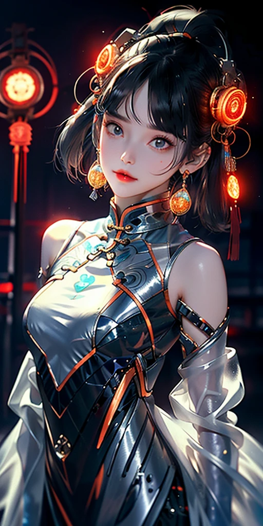 1 girl, Chinese_clothes, liquid silver and orange, cyberhan, cheongsam, cyberpunk city, dynamic pose, detailed luminous headphones, glowing hair accessories, long hair, glowing earrings, glowing necklace, cyberpunk, high-tech city, full of mechanical and futuristic elements, futuristic, technology, glowing neon, orange, orange light, transparent tulle, transparent streamers, laser, digital background urban sky, big moon, with vehicles, best quality, masterpiece, 8K, character edge light, Super high detail, high quality, the most beautiful woman in human beings, micro smile, face facing front and left and right symmetry, ear decoration, beautiful pupils, light effects, visual data, silver white hair, super detail facial texture